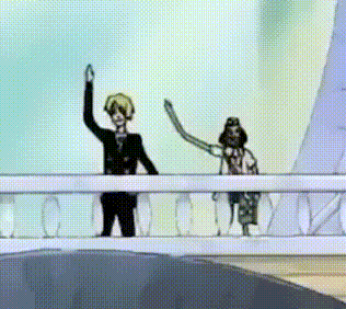 a man and a woman are standing on a balcony in a cartoon .