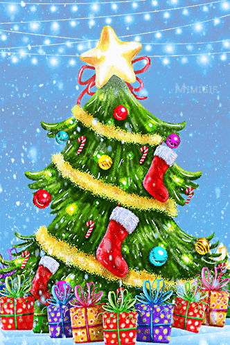 a painting of a christmas tree with gifts underneath it