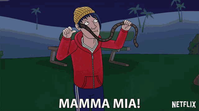 a cartoon of a man with a cane and the words mamma mia on the bottom