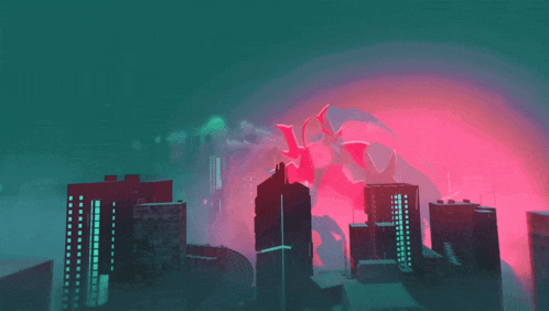 a cartoon drawing of a city with buildings and a dragon in the background