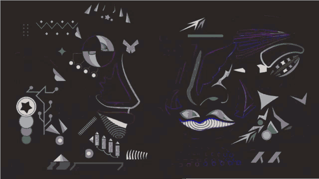 a drawing of a woman 's face made up of various geometric shapes on a black background