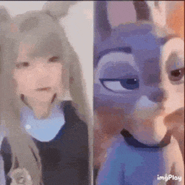 a girl and a stuffed animal are standing next to each other and looking at each other .