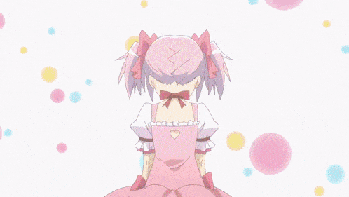 a girl with pink hair is standing in front of a white background