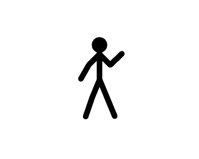 a stick figure is walking on a white background with his arm outstretched .