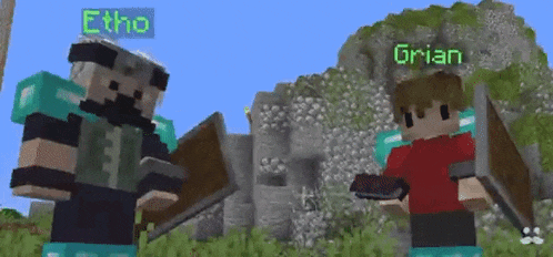 a couple of minecraft characters are standing next to each other in a field .