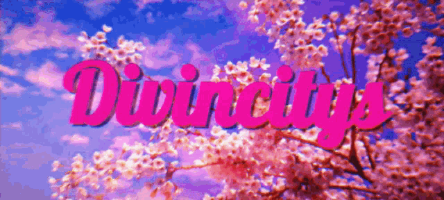 the word divinity is on a purple background with cherry blossoms in the foreground