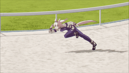a cartoon character is jumping over a fence on a race track