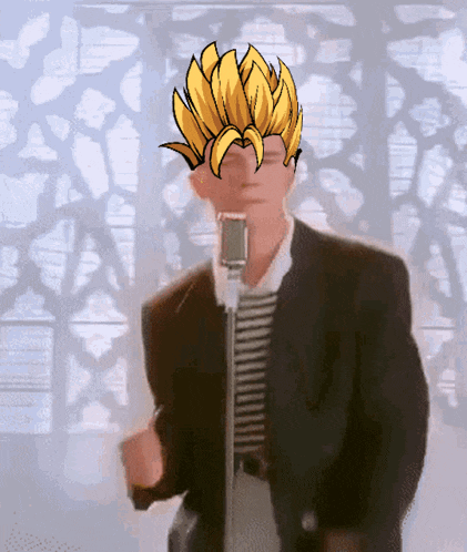a man in a suit is singing into a microphone with a cartoon face on his head