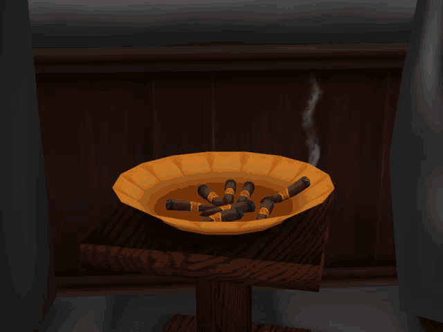 a bowl of cigars on a wooden table