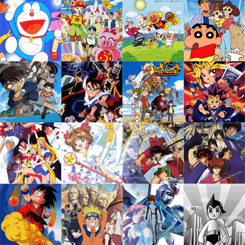 a collage of cartoon characters including doraemon crayon shin chan and naruto