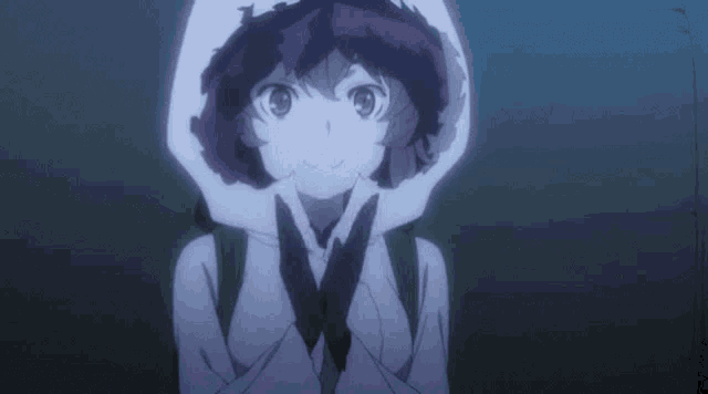 a girl is wearing a hooded jacket and a backpack .