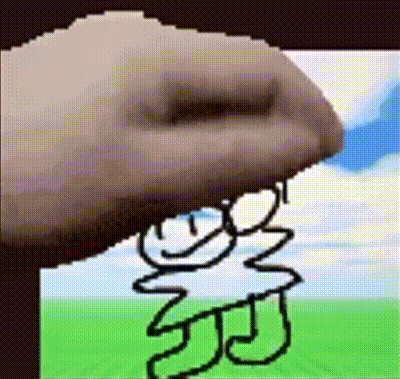 a pixelated image of a hand drawing a cartoon character on a screen .