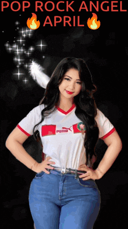 a woman is wearing a white puma shirt