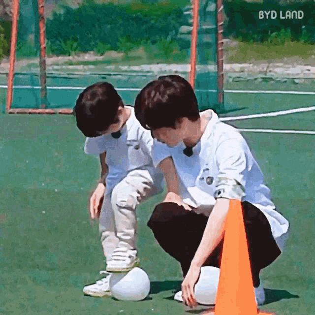 two young boys are playing soccer on a field and one of them is kneeling next to a cone .