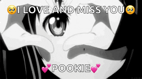 a black and white image of a girl making a heart with her hands and the words i love and miss you pookie .