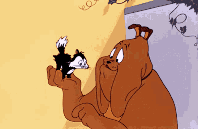 a cartoon dog is holding a small black and white cat on its paw