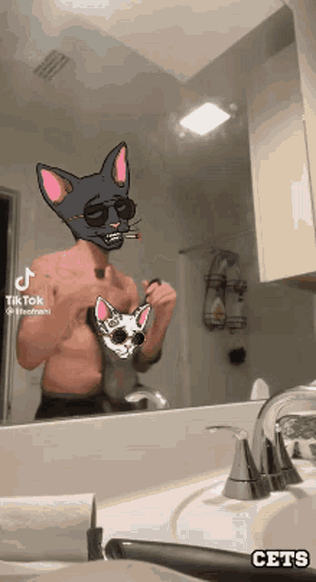 a man with a cat on his face is brushing his teeth in front of a bathroom mirror