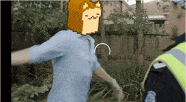 a pixelated image of a person with a cat on their head standing next to a police officer
