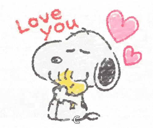 a drawing of snoopy with the words `` love you '' and hearts around him .