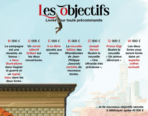 an advertisement for les objectifs shows a man jumping into the air