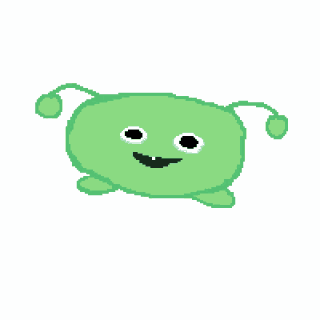 a pixel art drawing of a green monster with a smile on its face
