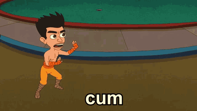 a cartoon of a man standing in front of a fountain that says cum on it