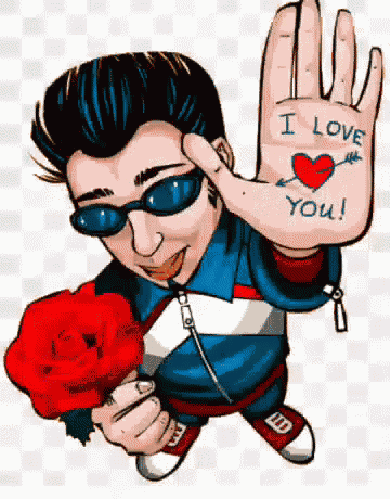 a cartoon of a man holding a rose and a hand that says " i love you "