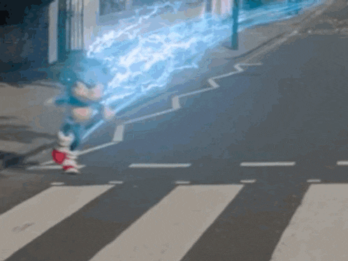 a sonic the hedgehog is walking across a street with a lightning bolt coming out of his mouth .