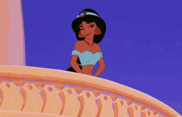 a cartoon of jasmine standing on a balcony looking down