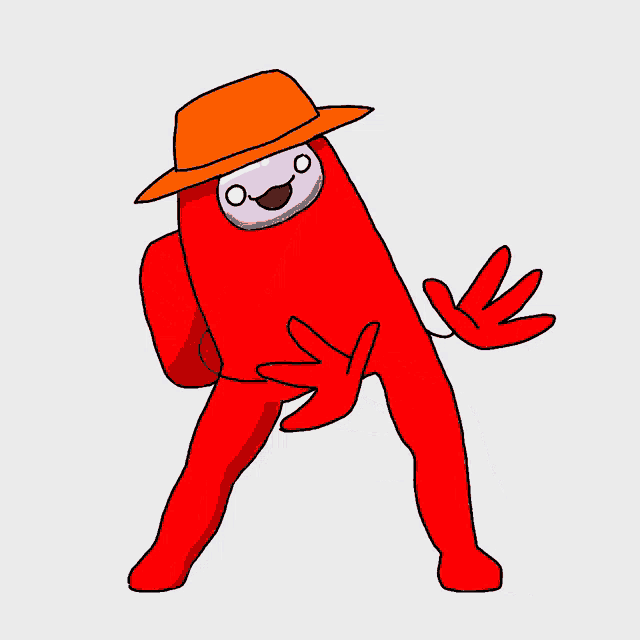 a red among us character is wearing a straw hat