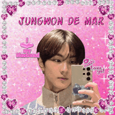 a young man is taking a selfie in front of a pink background with the name jungwon de mar written in pink letters