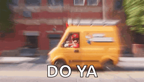 a cartoon character is driving a yellow van down a street .
