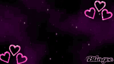 a purple background with pink hearts and stars and the word blingee at the bottom