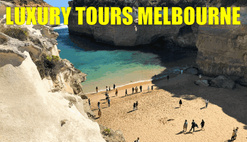 a group of people walking on a beach with the words luxury tours melbourne below them
