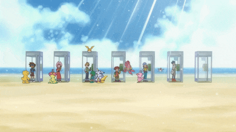 a row of phone booths with cartoon characters inside of them on a beach