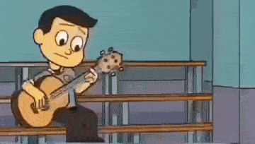 a cartoon of a boy sitting on a bench playing a guitar .