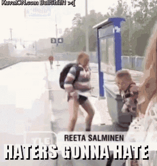 a woman with a backpack standing next to a child with the words haters gonna hate written on the bottom