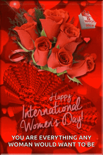 a happy international women 's day greeting card with a bouquet of red roses