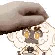 a cartoon sheep is being petting by a person 's hand on a white background .