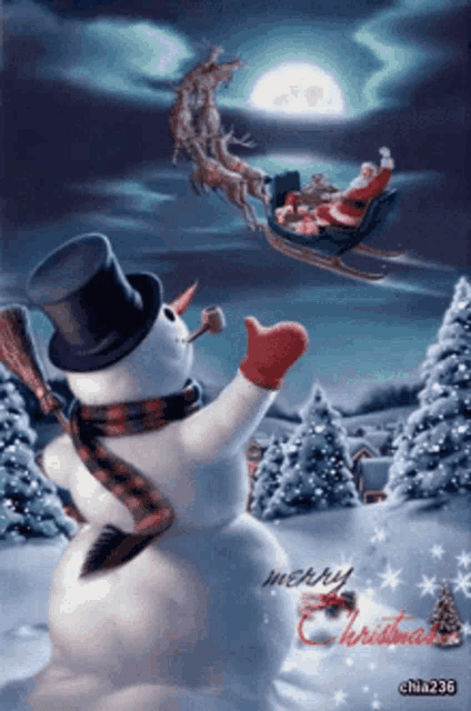 a snowman in a top hat and scarf watches santa in a sleigh with reindeer