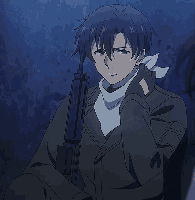 a man with a scarf around his neck holds a rifle