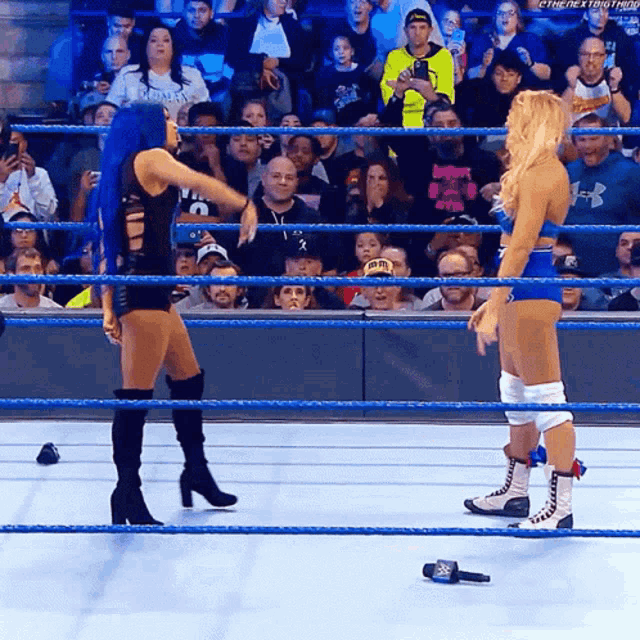 two women in a wrestling ring with a crowd watching