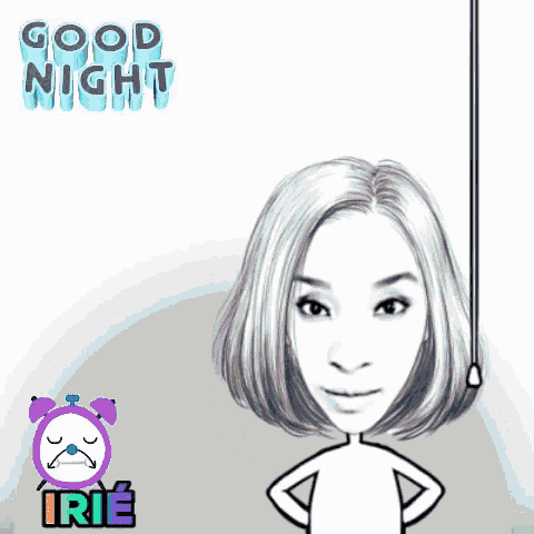 a cartoon of a woman holding a stick with the words good night written above her
