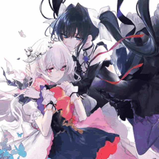 a couple of anime girls standing next to each other with one holding a heart