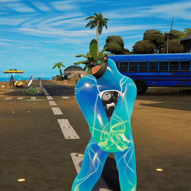 a video game character is standing in front of a blue school bus