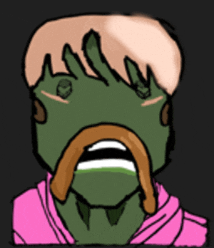 a cartoon of a man with a mustache and a pink shirt