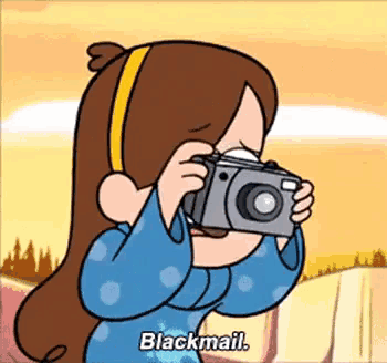 a cartoon girl is taking a picture with a camera and saying blackmail