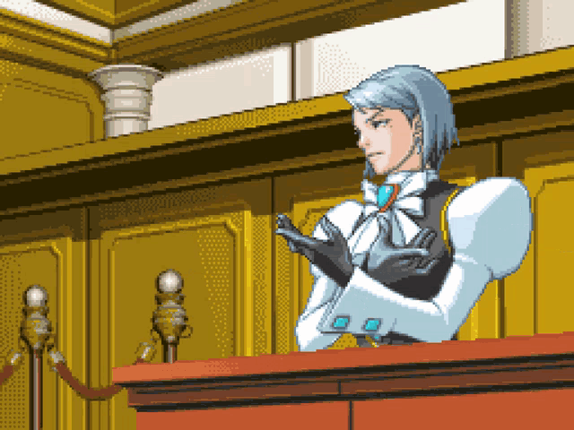 a pixel art drawing of a man sitting at a podium