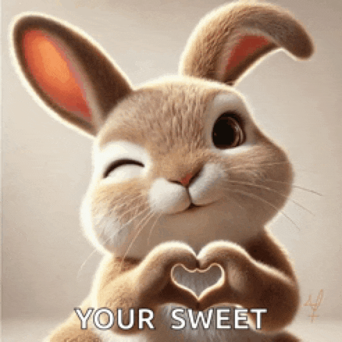 a bunny is making a heart shape with its hands and says `` your sweet '' .