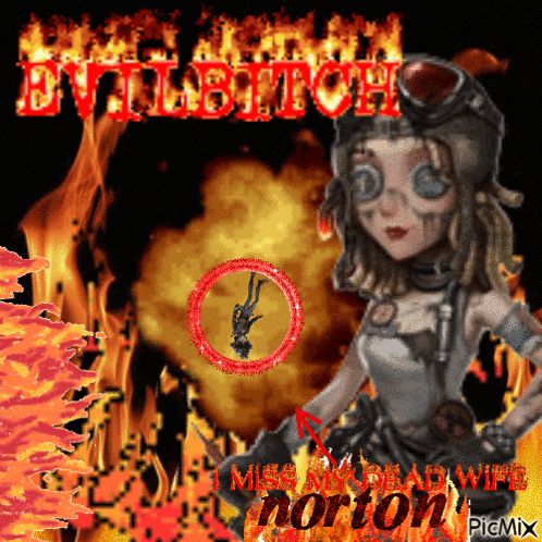 a picture of a girl with the words evil bitch in red